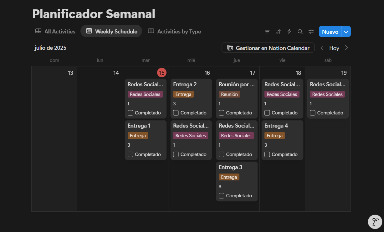 Calendario semanal con tareas organizadas