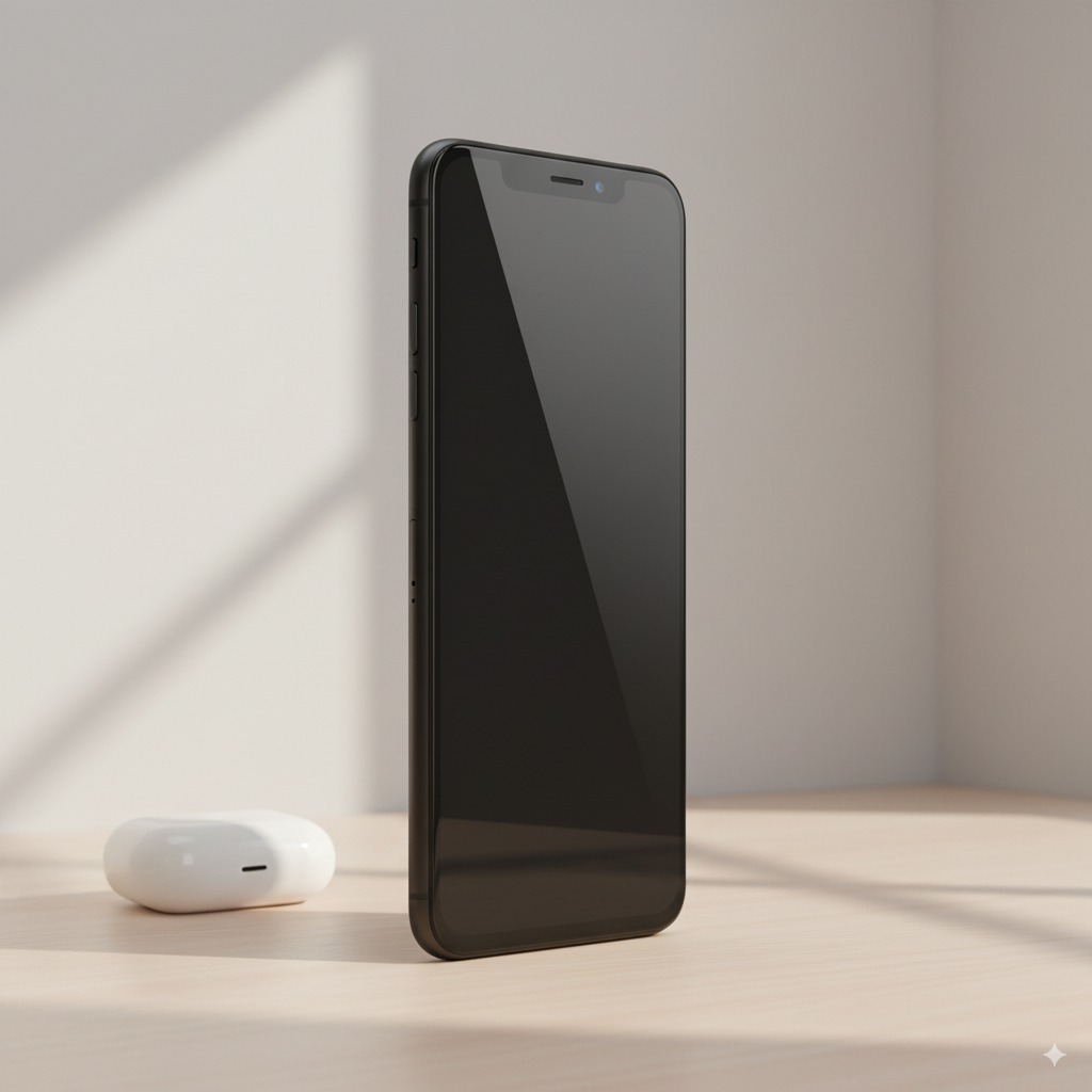 Smartphone de pie en mesa de madera con luz de ventana, accesorio sutil