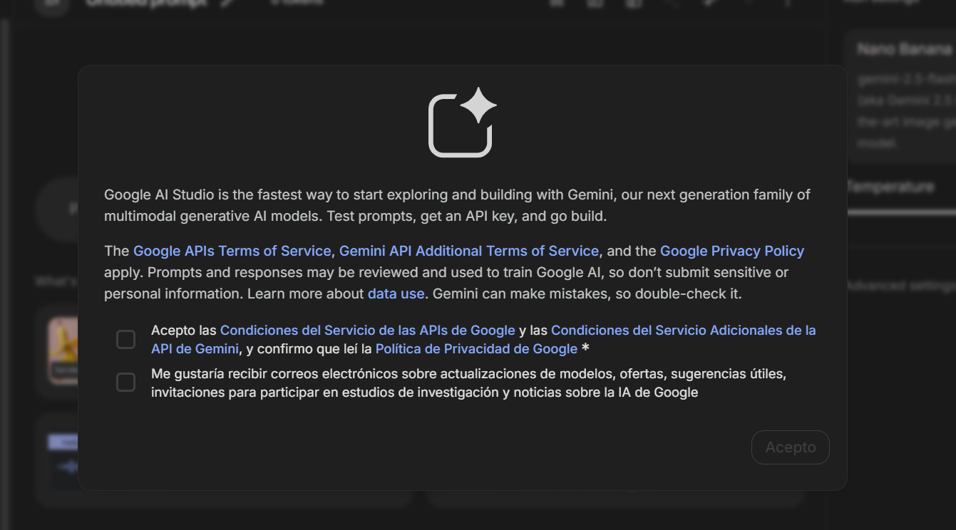 Pantalla de creación de proyecto en Google AI Studio