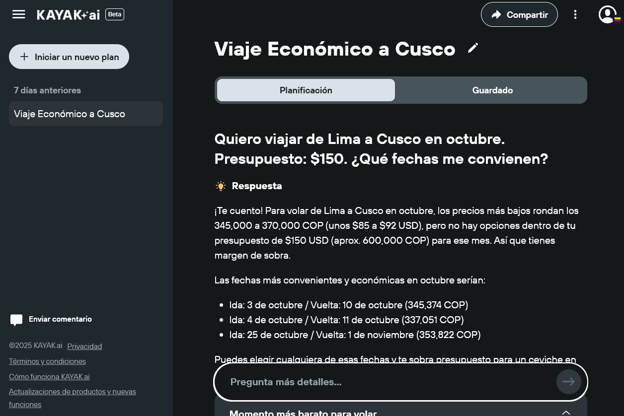 Búsqueda de vuelos en Kayak AI