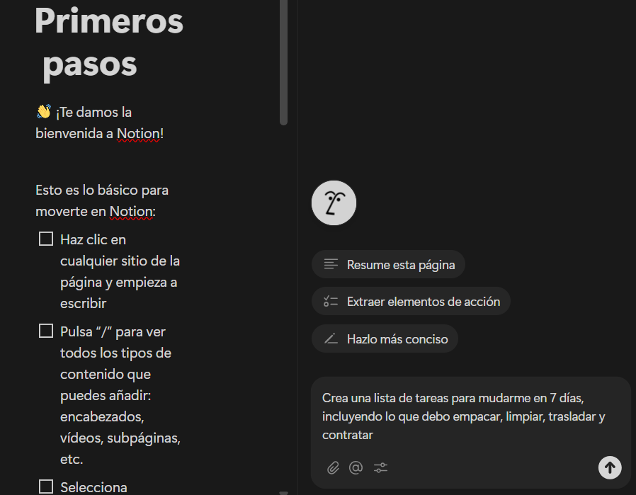 Captura de Notion con el prompt escrito